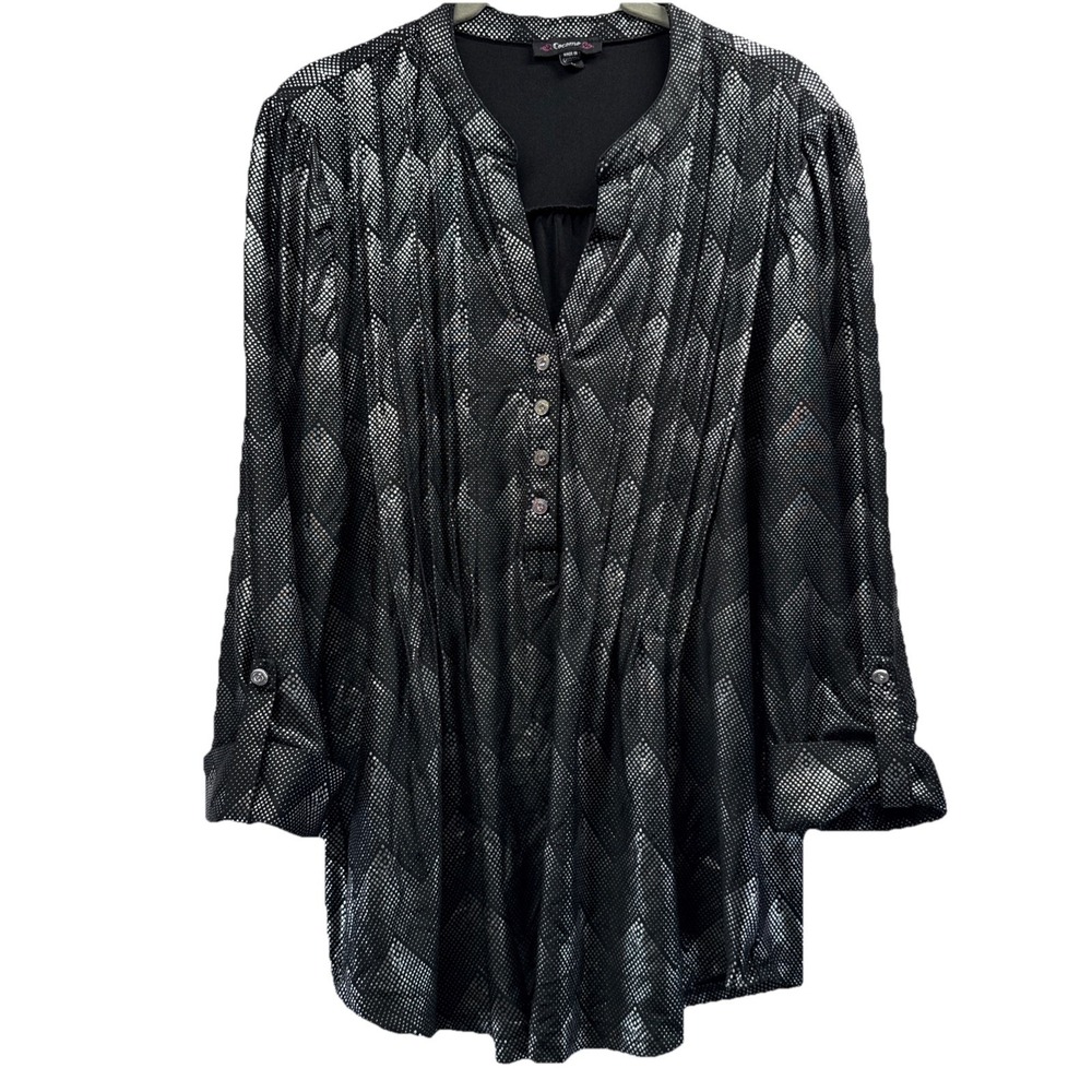 Cocomo Women's Top Popover Sz Large Black Silver Metallic Roll Tab Sleeve Slinky